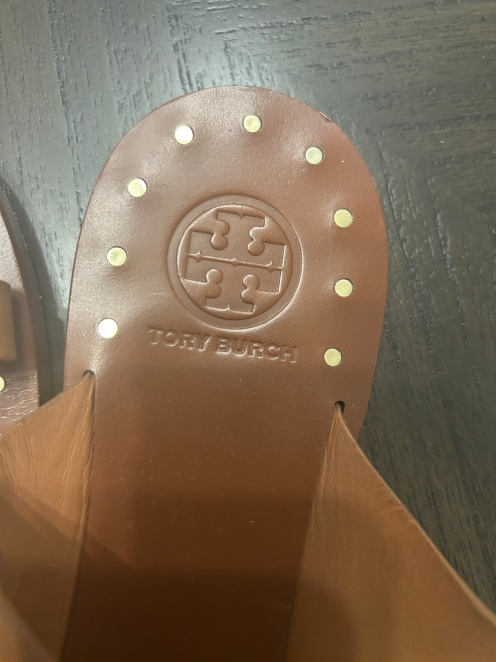 Tory Burch Brown Leather Slide Sandals with Gold Ring Accents - Picture 3 of 6